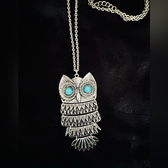 Jewelry - Vintage Articulated Owl Pendant Necklace • Boho Turquoise Eyes • Long Chain